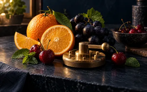 Originálne fotografické zátišie ovocia a mosadzného mechanického voliča